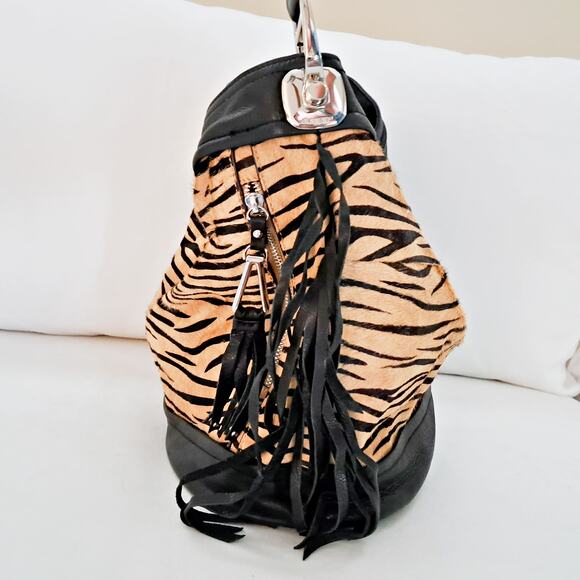 B MAKOWSKI Calf Hair Tan Black Zebra Fringe Leather Hobo Shoulder Bag EUC - Picture 6 of 10